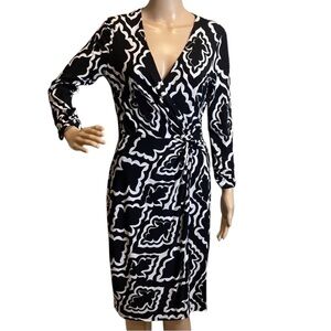 White House Black Market | Black and White Patterned Faux Wrap Mini Dress